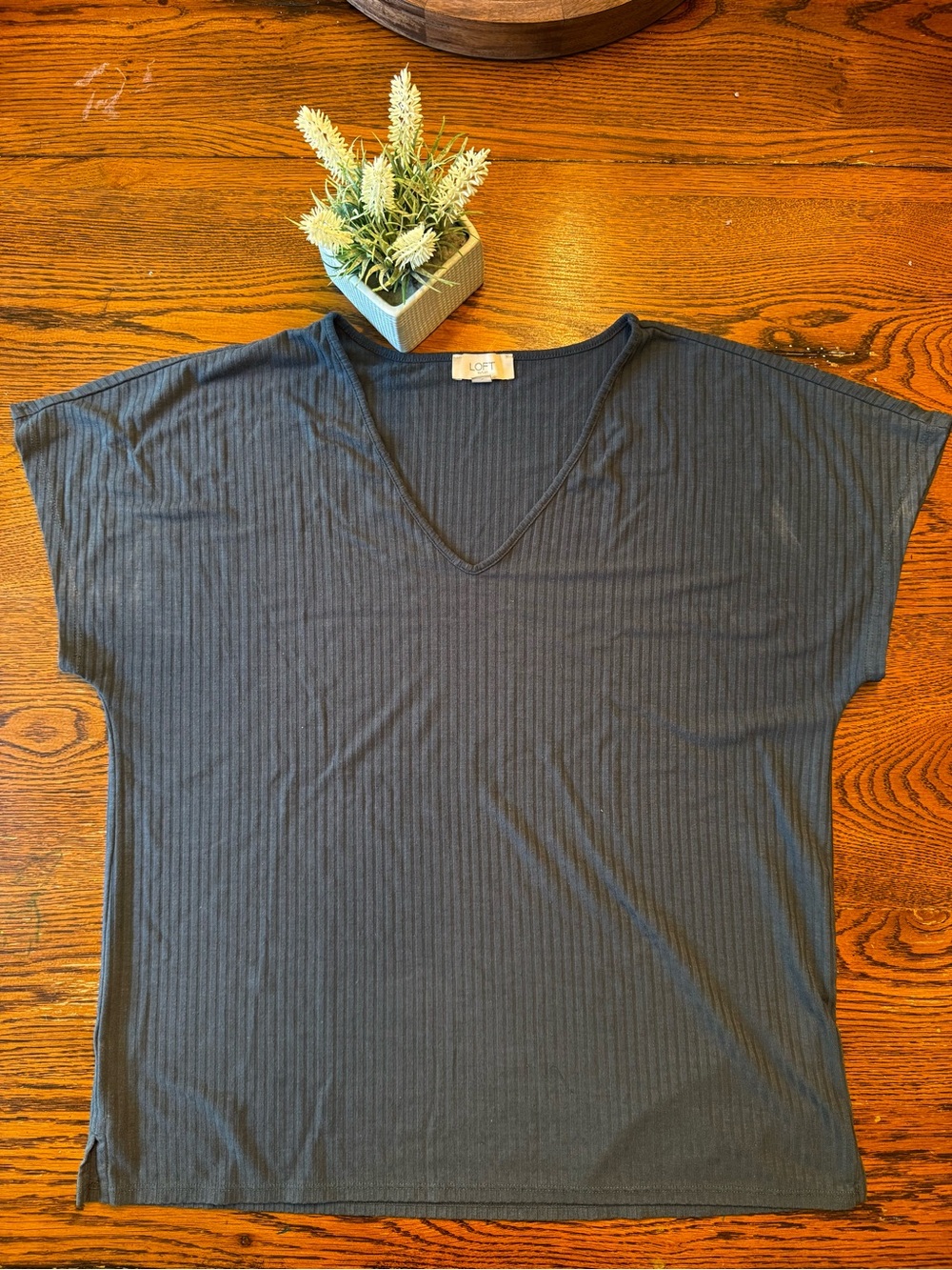 LOFT Short-Sleeve Ribbed V-Neck Top in Blue/Gray
